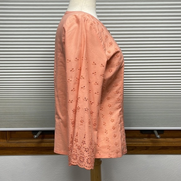 J. Jill Apricot Cotton Eyelet 3/4 Bell Sleeve Button Down Shirt Size Small - Picture 4 of 9